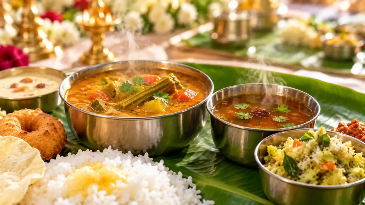 Sambar, rasam and vegetable poriyal served in steel bowls on a banana leaf for a South Indian vegetarian wedding in Coimbatore