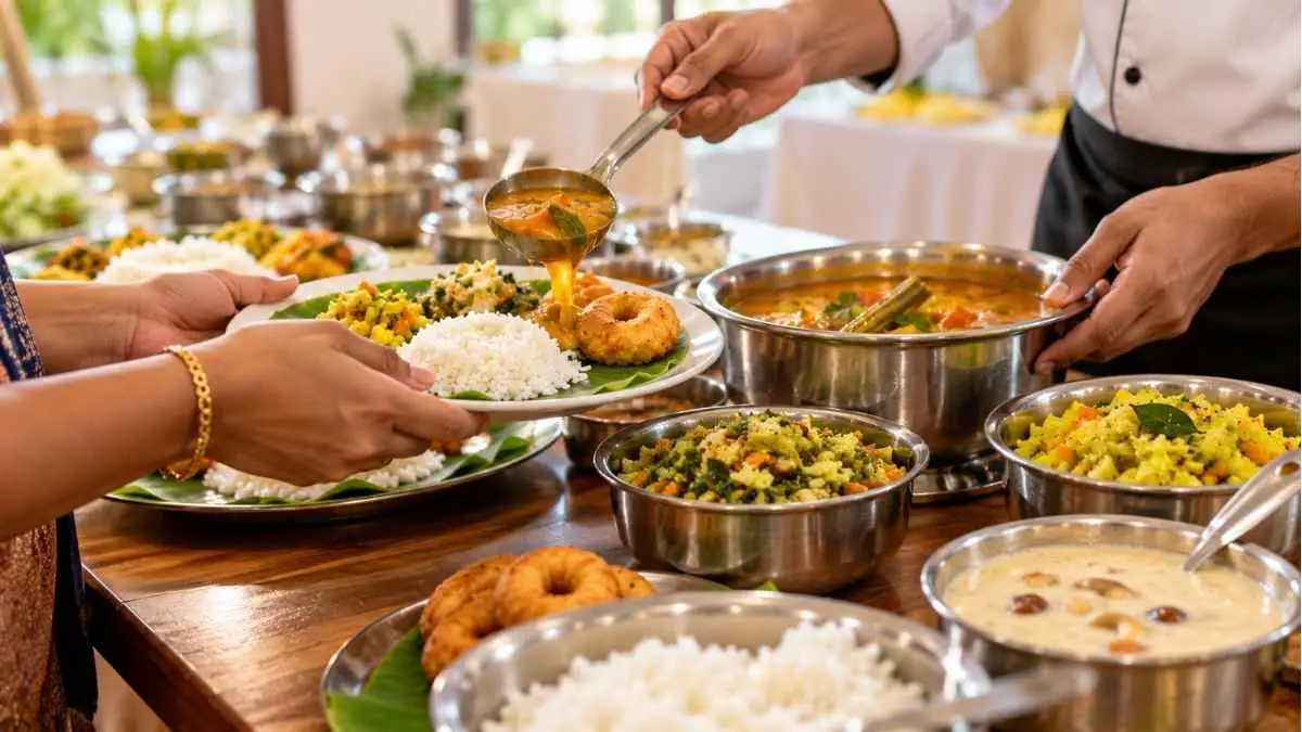 Caterer’s team serving sambar, rice, vadai and vegetable dishes from steel vessels onto a banana leaf plate at a vegetarian wedding tasting session in Coimbatore