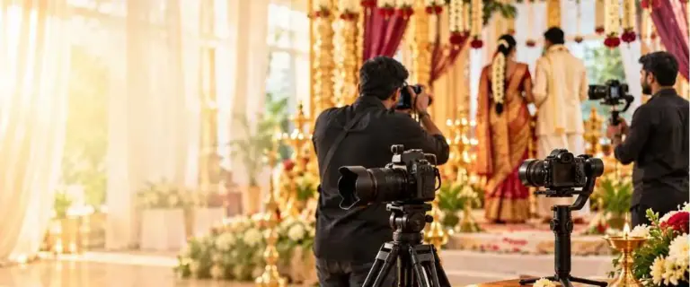 Wedding photographer and videographer filming a traditional South Indian wedding ceremony at a decorated mandap with marigold garlands, camera on a tripod and gimbal in the foreground