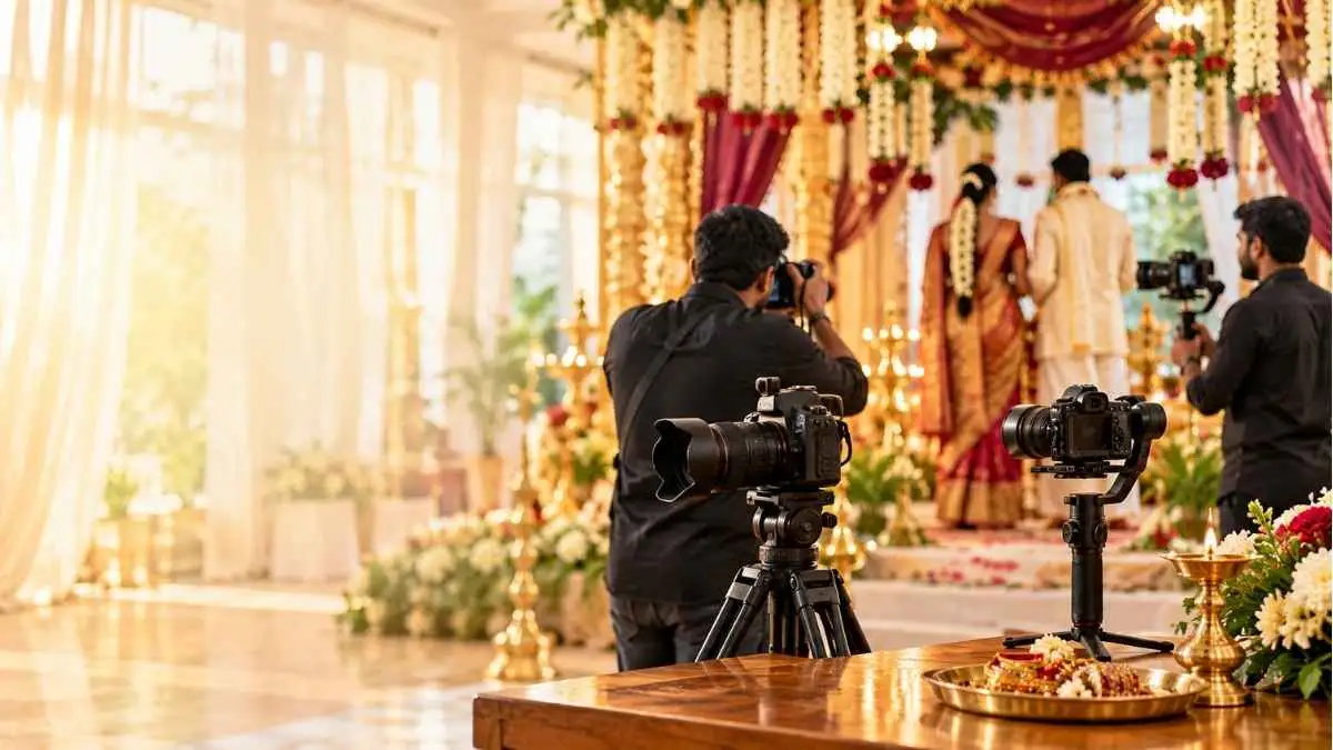 Wedding photographer and videographer filming a traditional South Indian wedding ceremony at a decorated mandap with marigold garlands, camera on a tripod and gimbal in the foreground